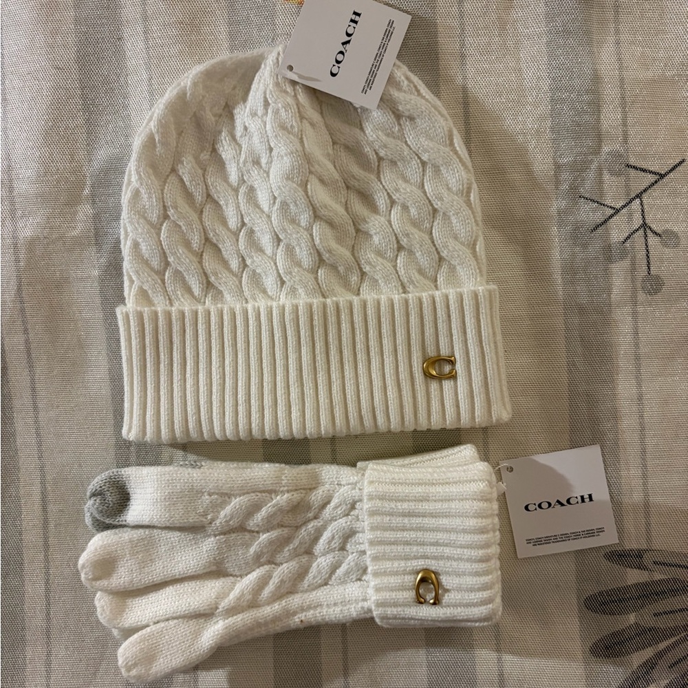 Coach White Cable Knit Beanie